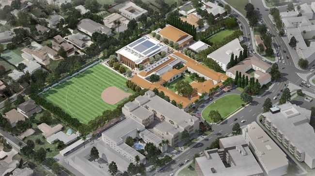 Render campus with green spaces football fields